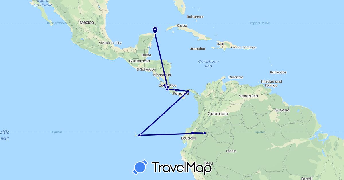 TravelMap itinerary: driving in Costa Rica, Ecuador, Mexico, Panama (North America, South America)